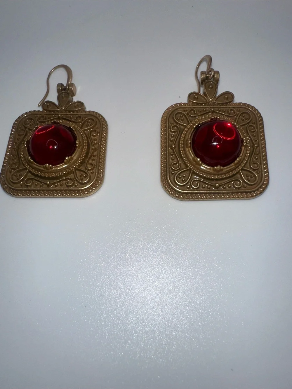 Fashion Jewelry Gold-Tone Square Drop Earrings with Red Cabochons